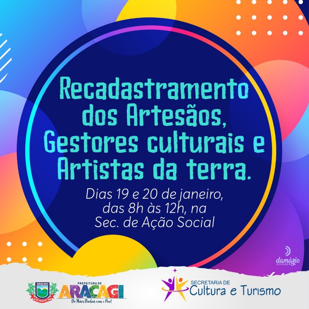 Secretaria de Cultura e Turismo convoca artistas, artesãos e Gestores Culturais para se recadastrarem Secretaria de Cultura e Turismo convoca artistas, artesãos e Gestores Culturais para se recadastrarem