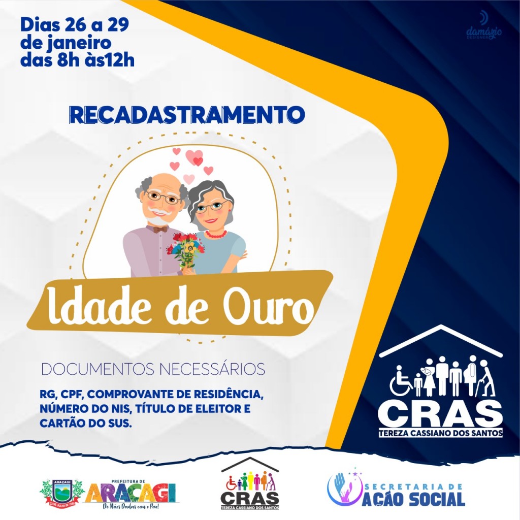 Recadastramento para idosos do grupo "Idade de Ouro" teve início nesta terça (26) e segue ate próxima sexta (29) Recadastramento para idosos do grupo "Idade de Ouro" teve início nesta terça (26) e segue ate próxima sexta (29)
