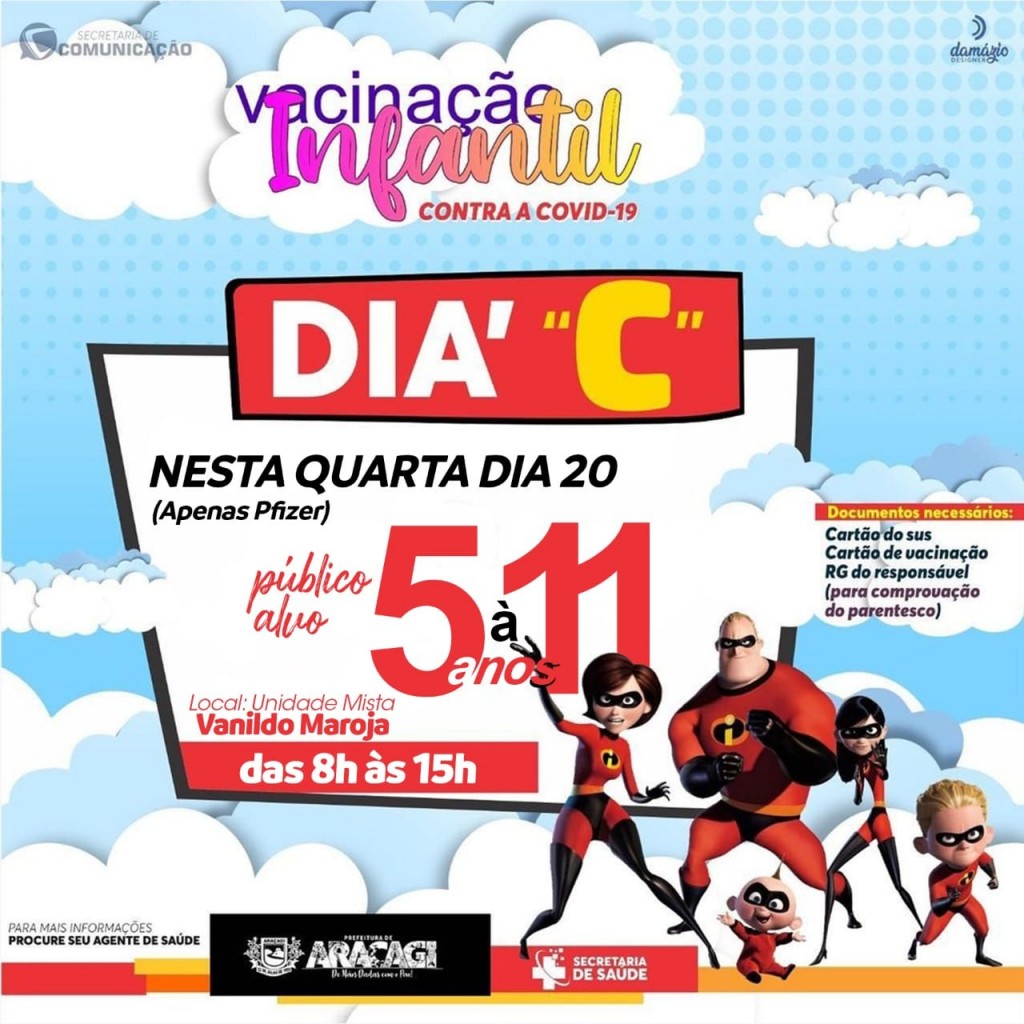 Secretaria de Saúde realizará mais um dia C de vacinação infantil contra a COVID-19 neste quarta (20) Secretaria de Saúde realizará mais um dia C de vacinação infantil contra a COVID-19 neste quarta (20)
