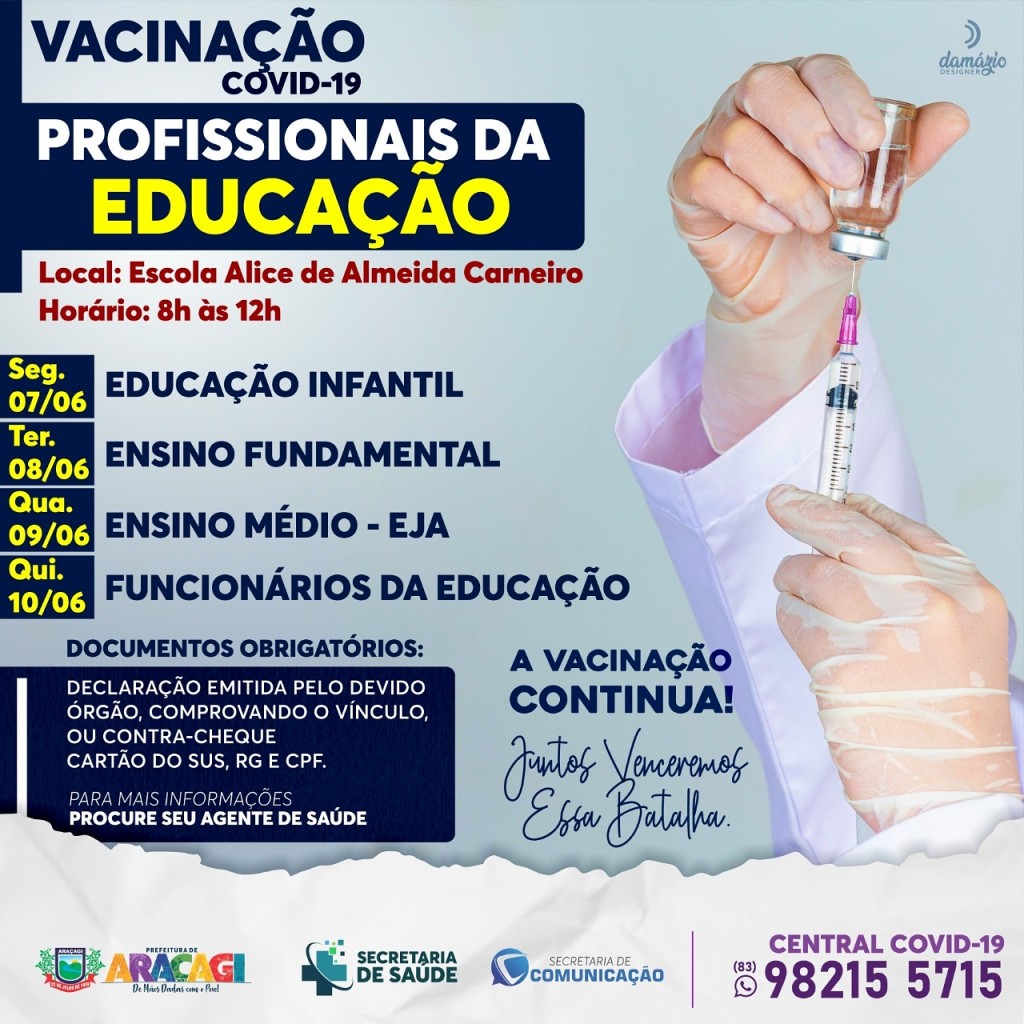 Araçagi iniciará vacinação de professores e profissionais da educação contra a COVID-19 na próxima segunda-feira (07)