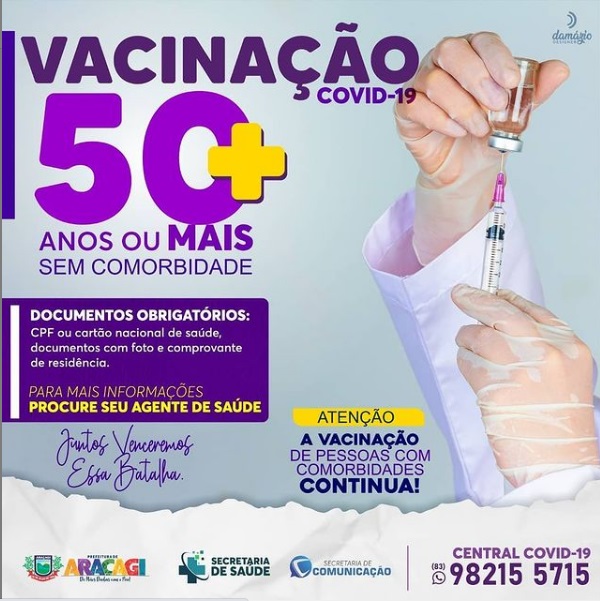 Araçagi já está vacinando contra a COVID-19 pessoas com 50 anos ou mais sem comorbidades